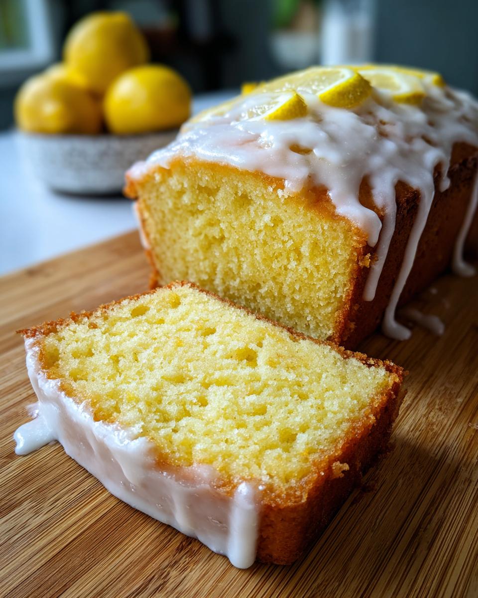 A close-up of a moist slice of lemon loaf cake drizzled with white icing, next to the main loaf.