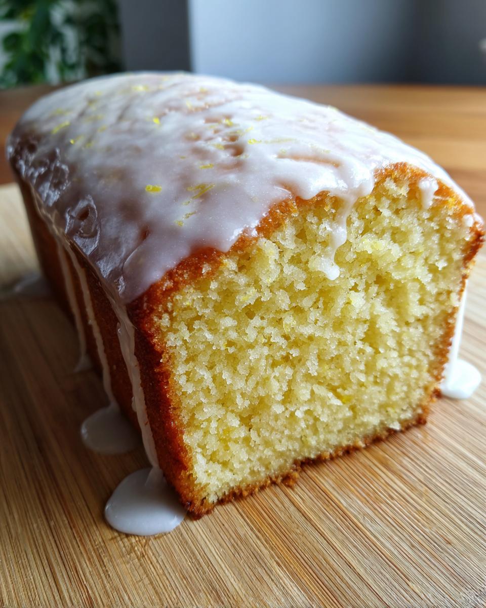 Close-up of a moist slice of lemon loaf cake topped with thick white glaze and lemon zest.