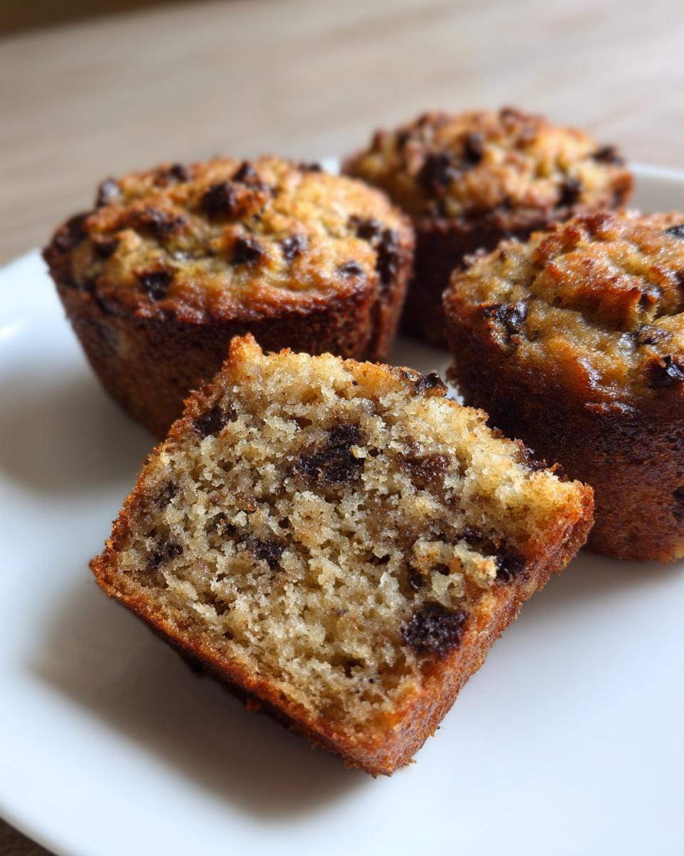 Close-up of moist mini banana bread loaves, one cut open showing chocolate chips throughout the crumb.