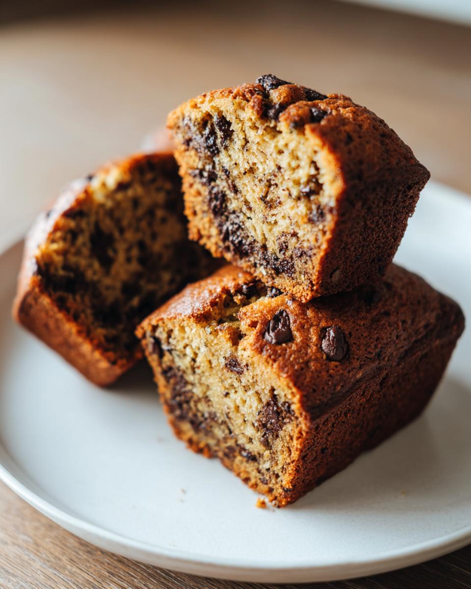 Close-up of three moist mini banana bread loaves stacked, showing the rich interior filled with chocolate chips.