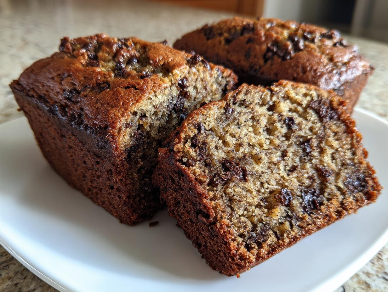 Close-up of three moist mini banana bread loaves, one sliced to show chocolate chips inside.