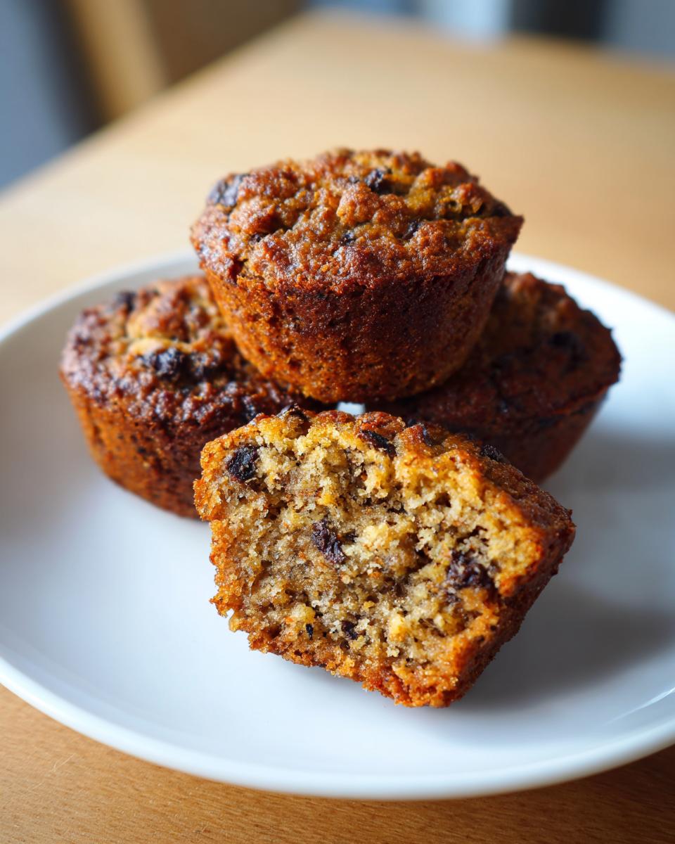 Close-up of moist mini banana bread loaves, one broken open showing chocolate chips inside.