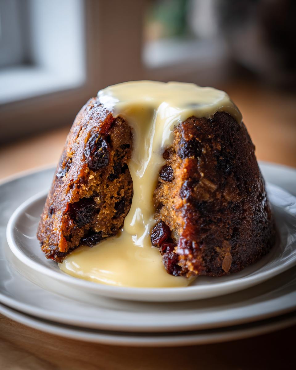 A rich, dark plum pudding cut open, generously topped with flowing vanilla custard sauce.