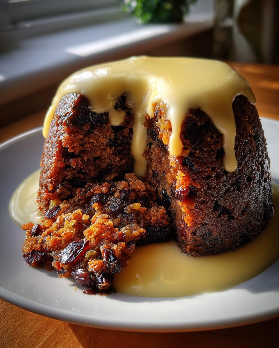 A rich, dark plum pudding cut open, generously covered in creamy yellow custard sauce.