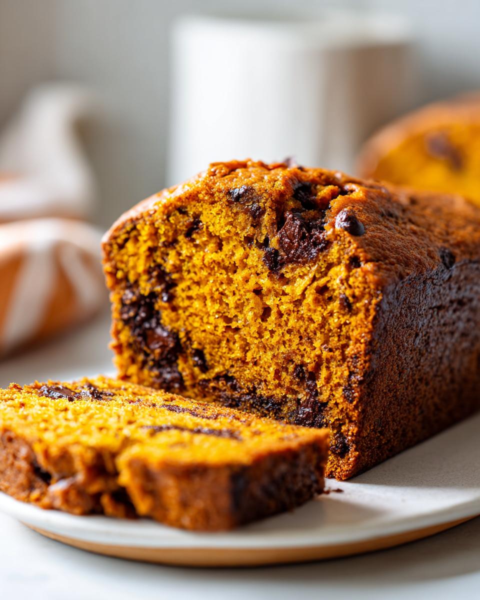 Close-up of moist chocolate chip pumpkin bread, showing a thick slice cut from the loaf.