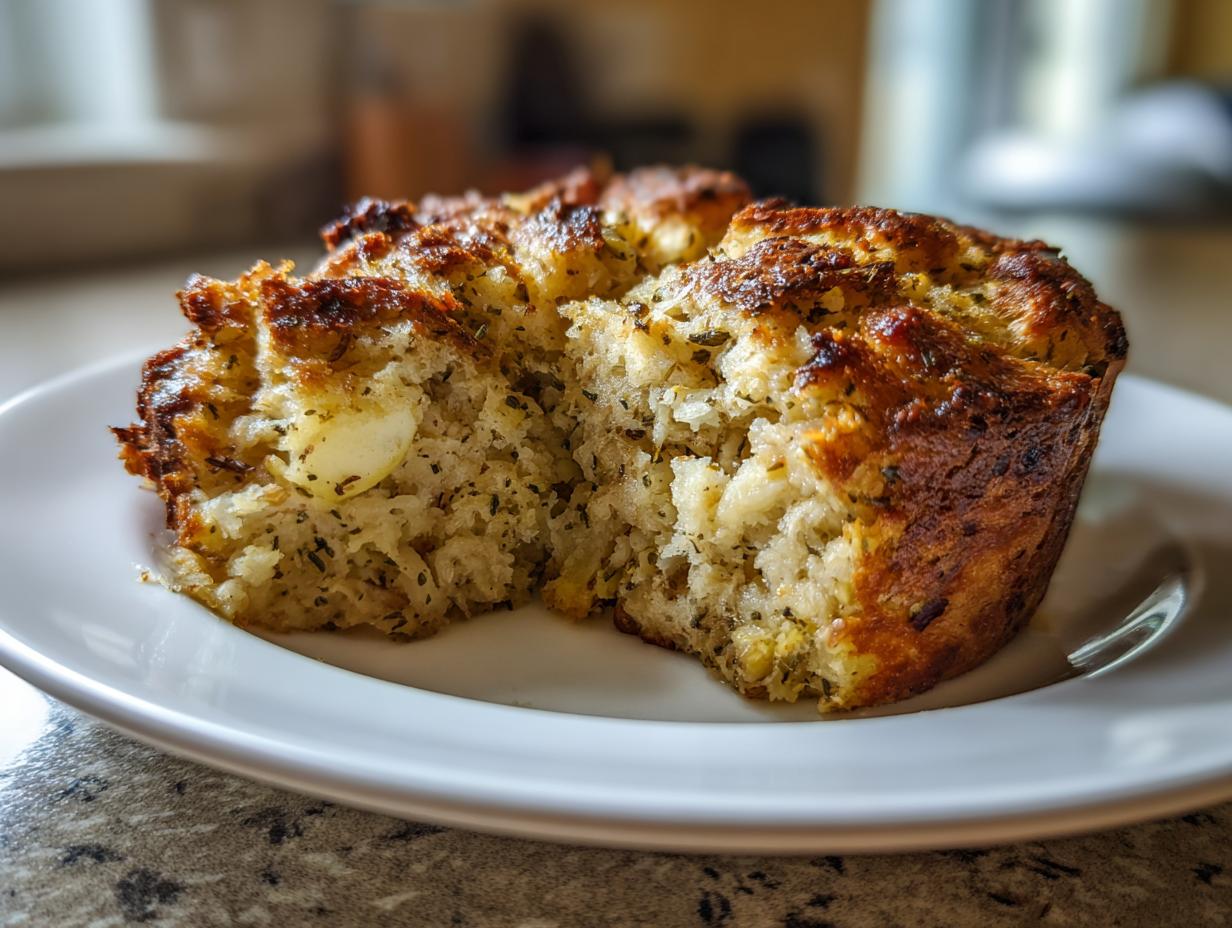 Close-up of a moist, herb-flecked portion of baked stuffing, split open on a white plate.