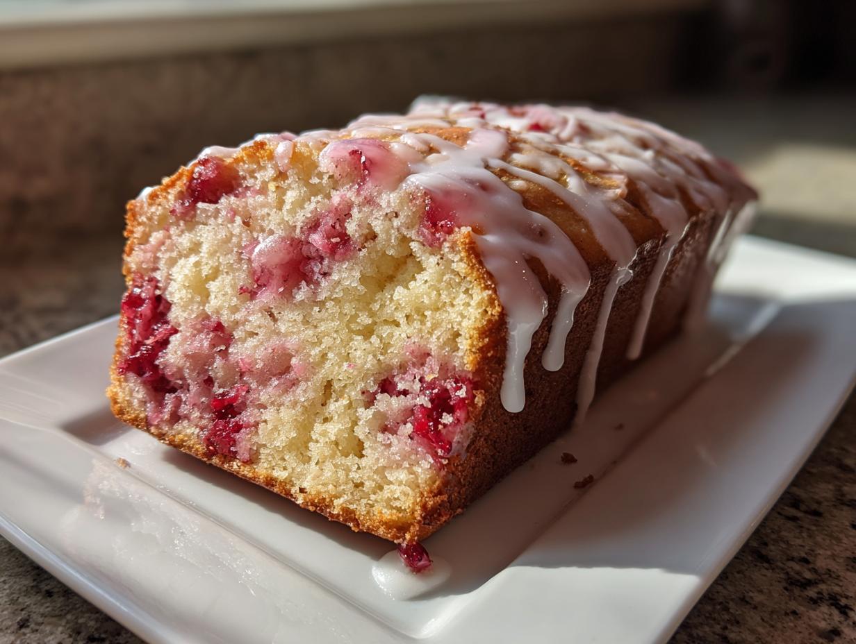 A slice of moist strawberry bread, studded with red fruit and topped with a thick vanilla glaze drizzle.