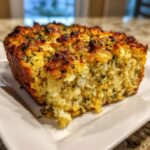 Close-up of a golden-brown slice of moist stuffing, topped with herbs.