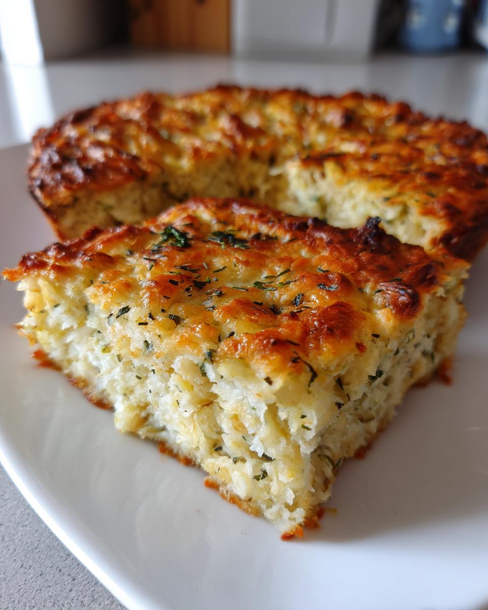 A moist slice of baked stuffing with a golden, cheesy crust and visible herbs, served on a white plate.