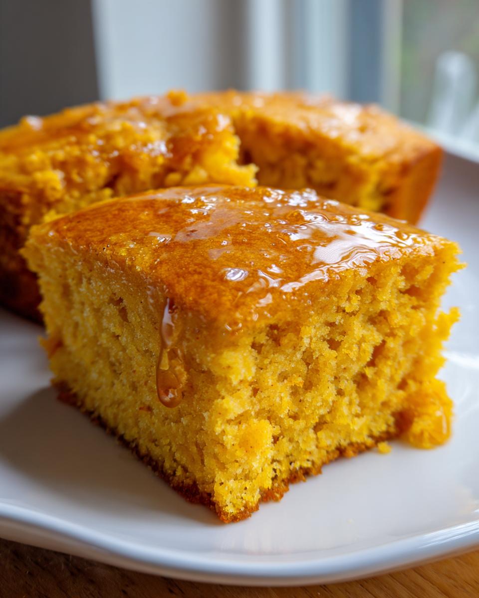 Close-up of a square slice of moist, orange-hued sweet potato cornbread topped with a shiny honey glaze.
