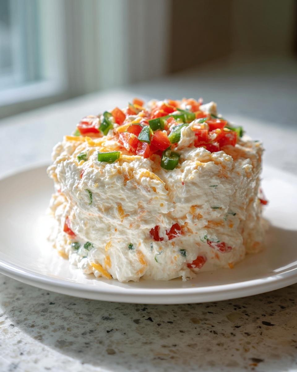 A molded serving of creamy, cheesy boat dip topped with diced tomatoes and jalapeños.
