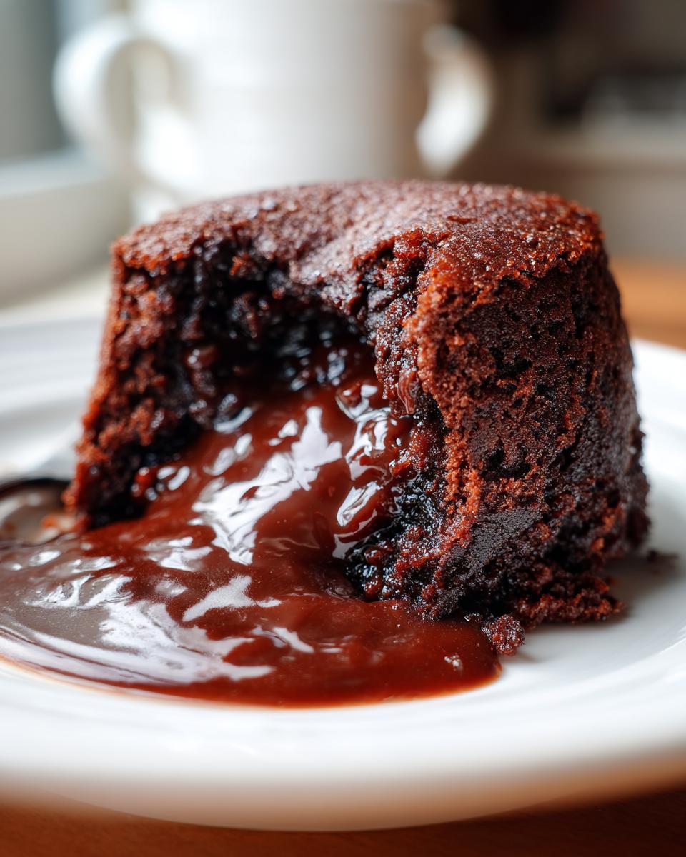 Close-up of a warm chocolate pudding cake with molten chocolate sauce oozing out onto a white plate.