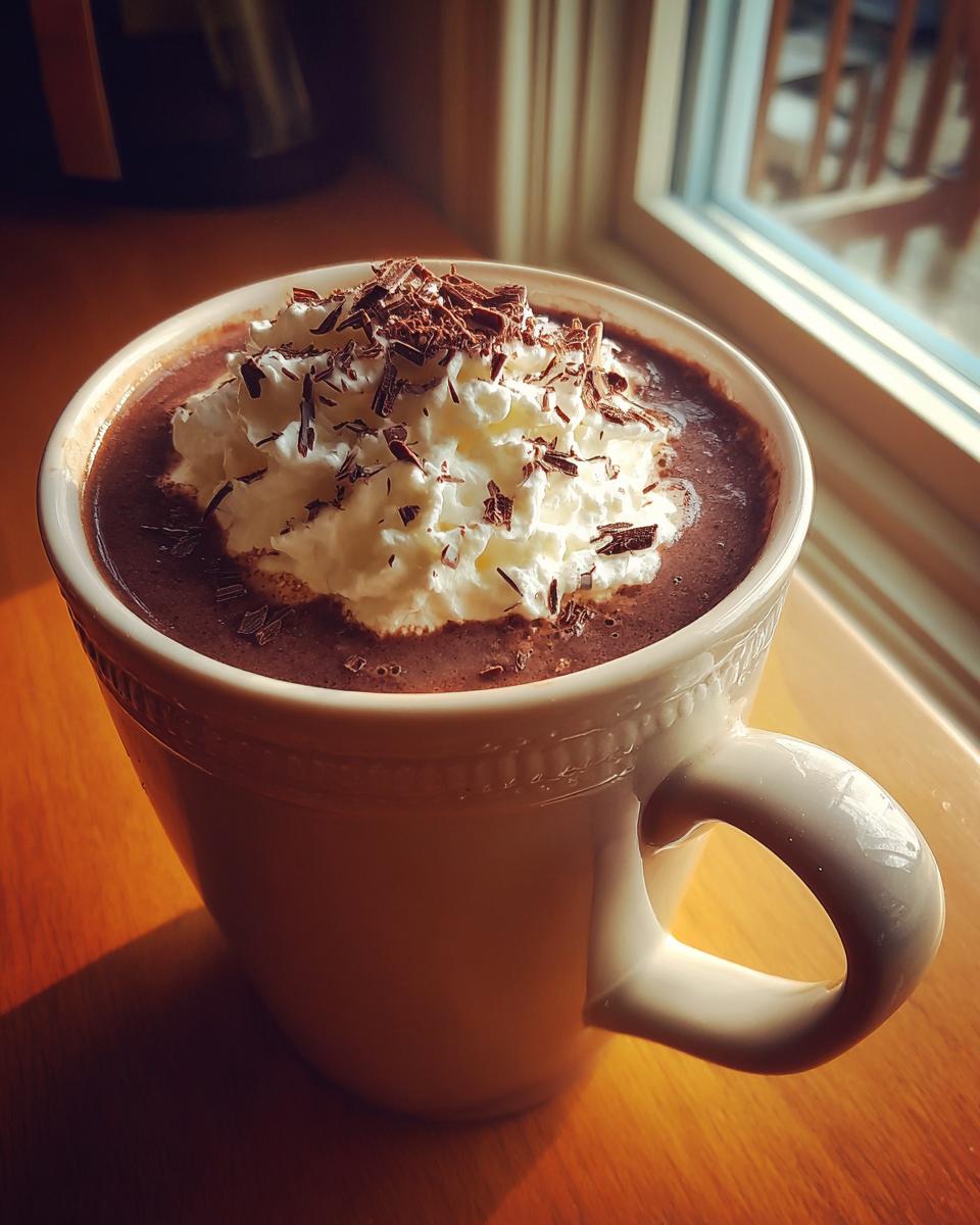 Close-up of a mug filled with rich boozy hot chocolate, topped with whipped cream and chocolate shavings.
