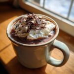 Close-up of a mug filled with rich boozy hot chocolate, topped with whipped cream and chocolate shavings.