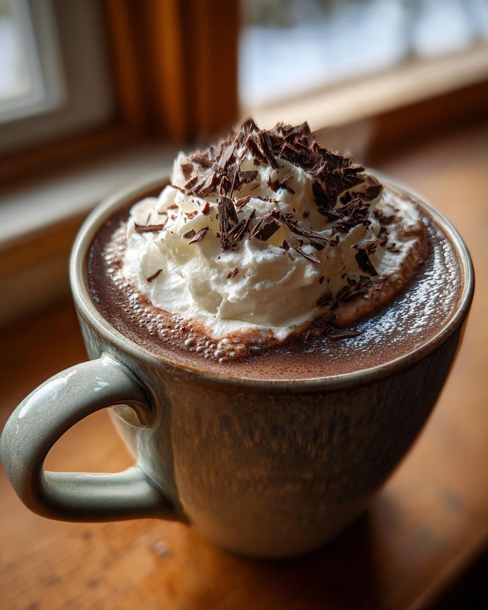 Close-up of a rich mug of boozy hot chocolate topped with whipped cream and chocolate shavings.