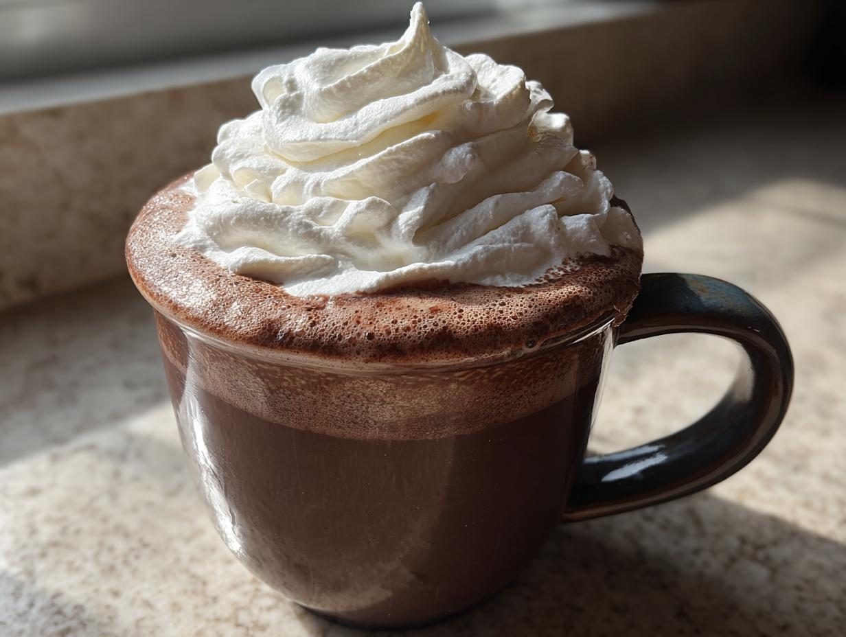 A close-up of a rich, dark mug of whipped hot chocolate topped high with fluffy whipped cream.