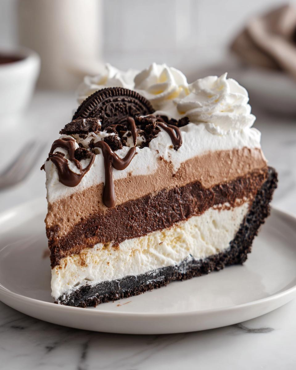 A rich slice of no-bake ice cream pie with layers of white and chocolate mousse, Oreo crust, and whipped cream topping.