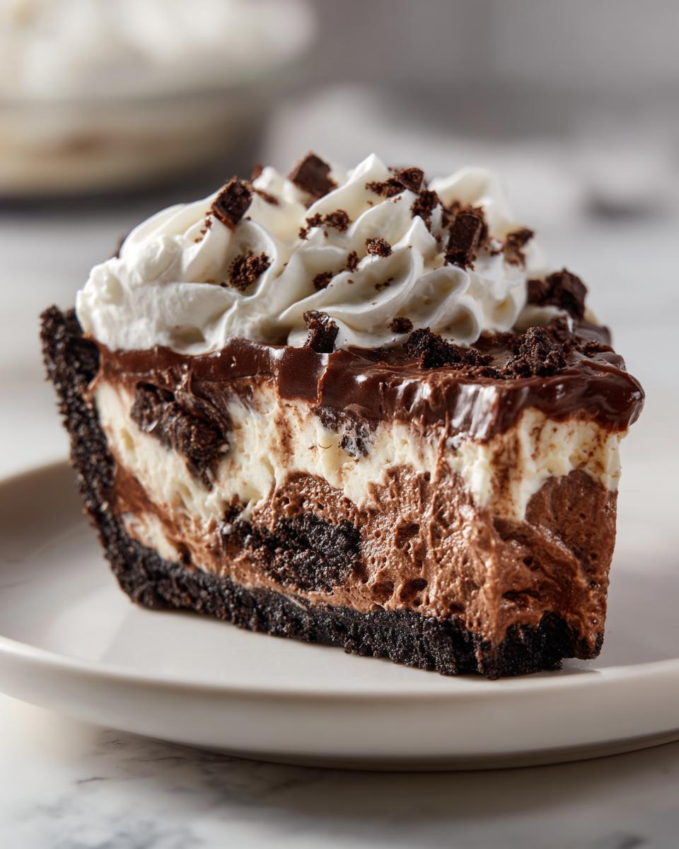A decadent slice of no-bake ice cream pie with layers of chocolate and vanilla filling, a dark crust, and whipped cream topping.