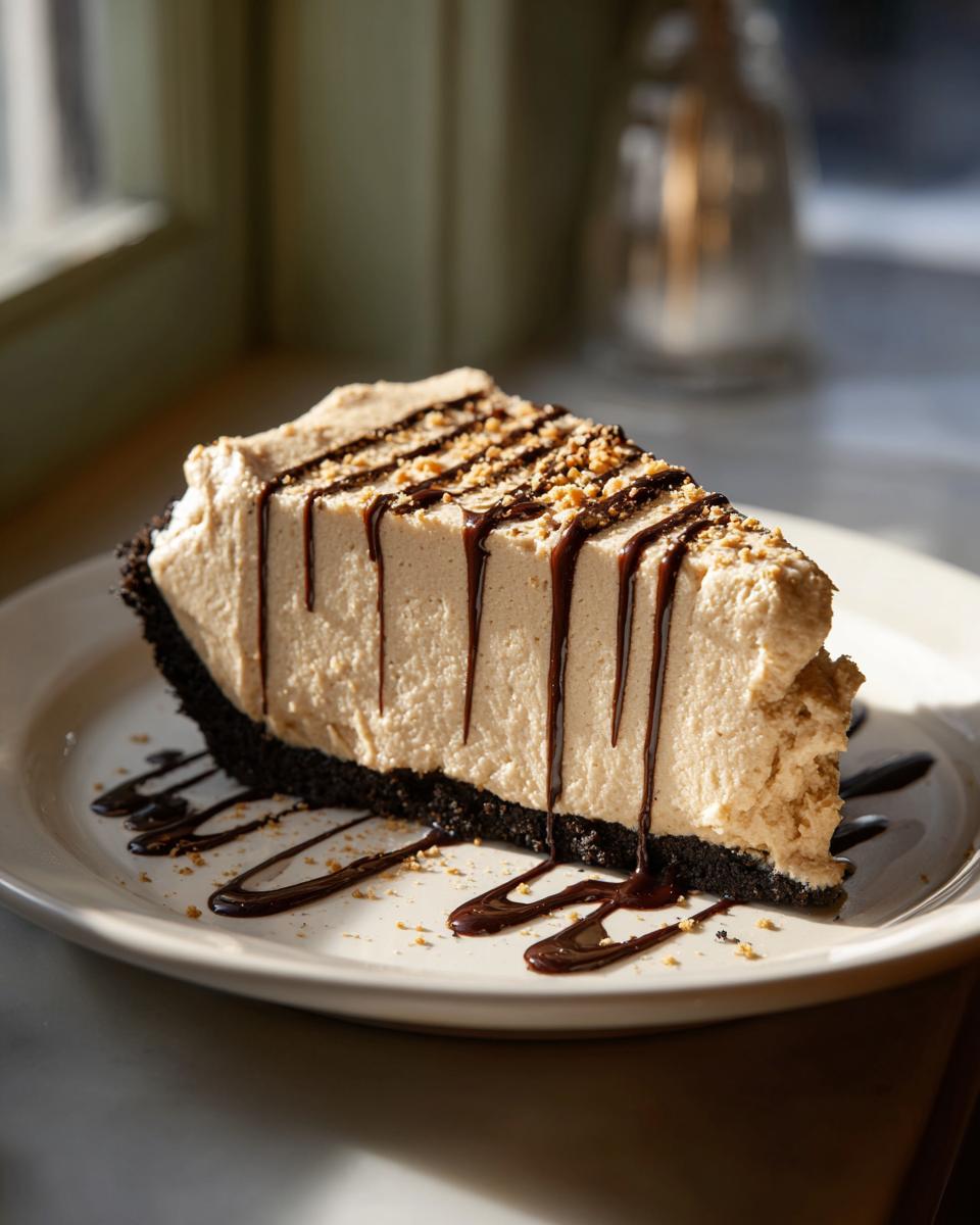 A rich slice of no bake peanut butter pie with a dark crust, topped with chocolate syrup and crushed peanuts.