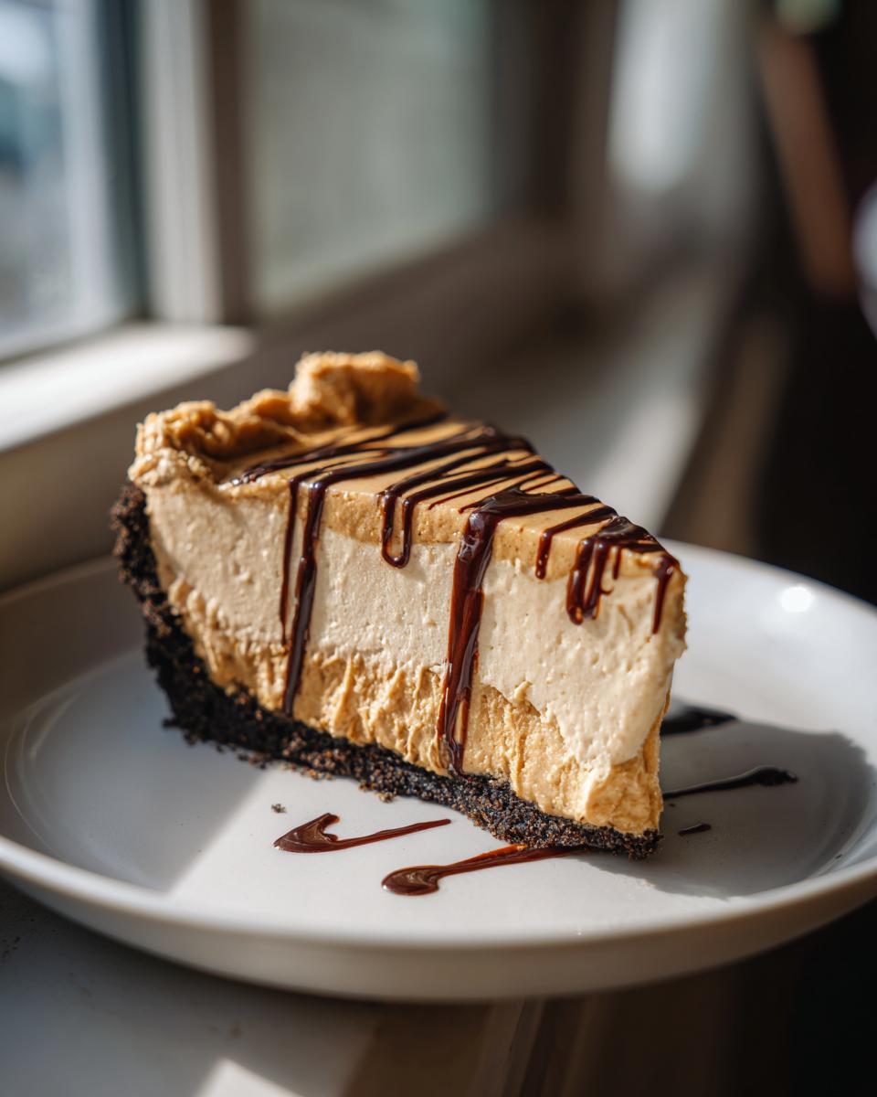 A decadent slice of no bake peanut butter pie with a dark crust, topped with chocolate syrup drizzle.