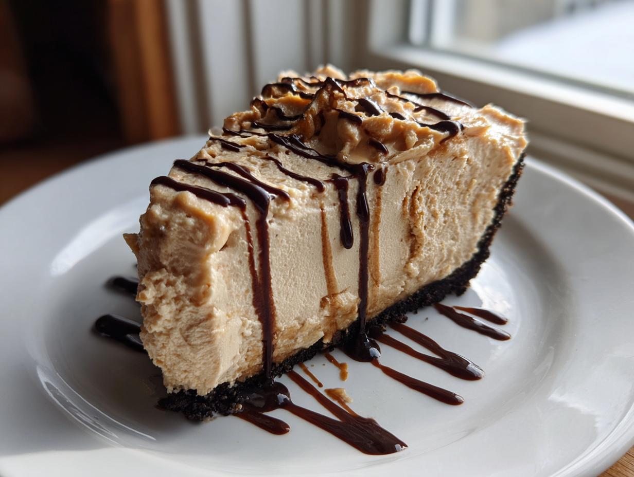 A thick slice of no bake peanut butter pie with a dark crust, topped with whipped peanut butter filling and chocolate syrup drizzle.