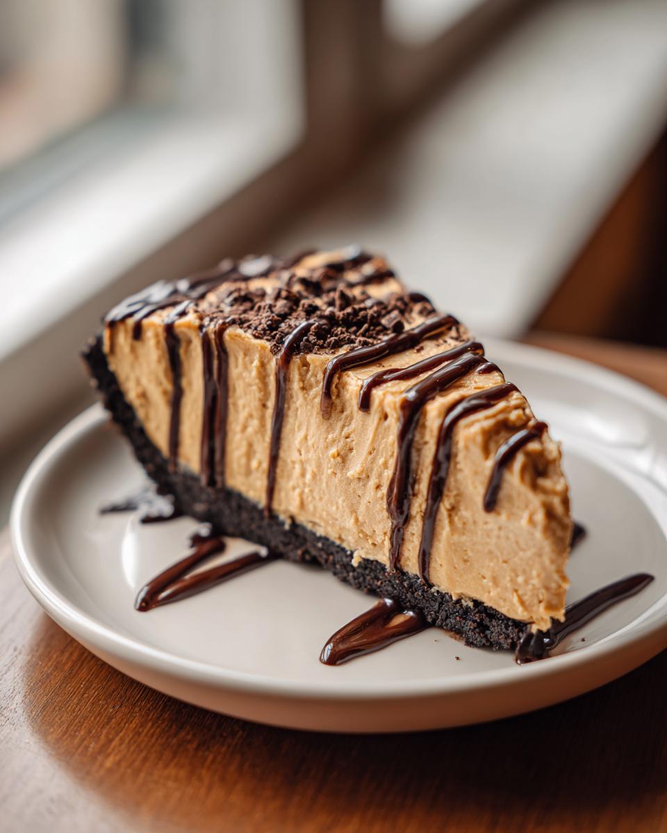 A decadent slice of no bake peanut butter pie featuring a dark crust, creamy filling, and chocolate syrup drizzle.