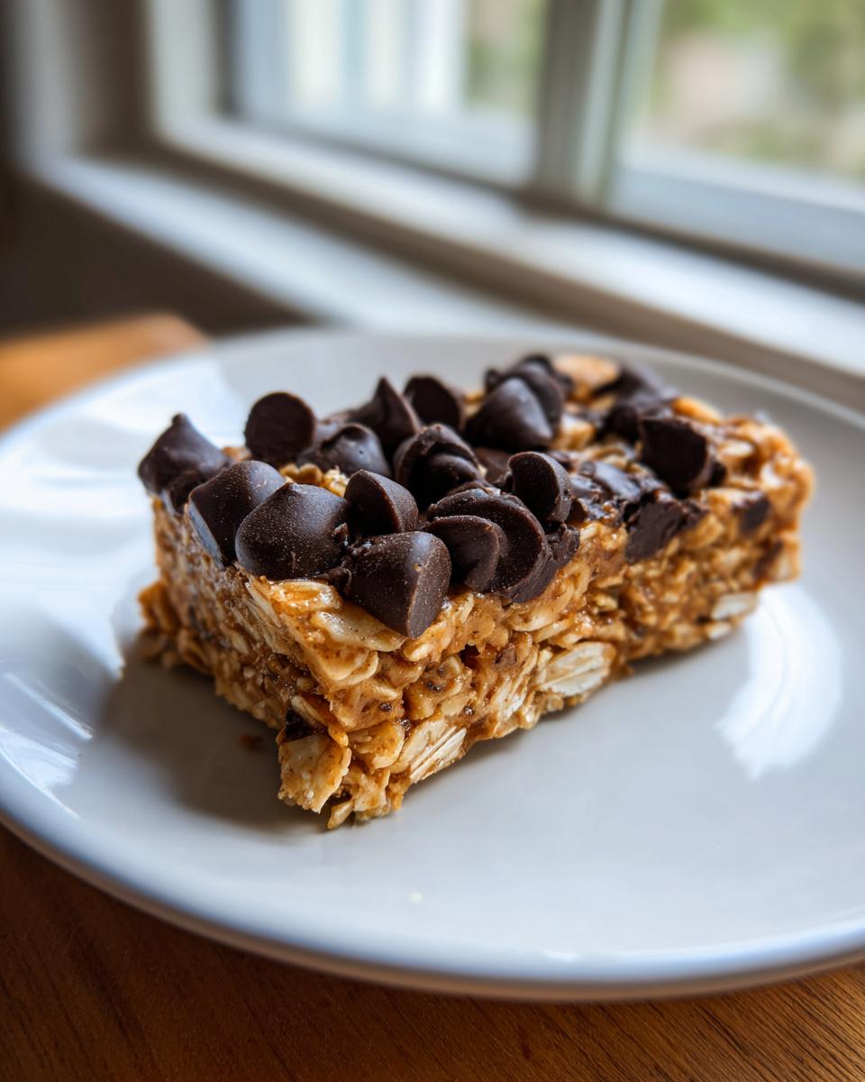 A close-up of a homemade protein bars slice, packed with oats and topped generously with chocolate chips.