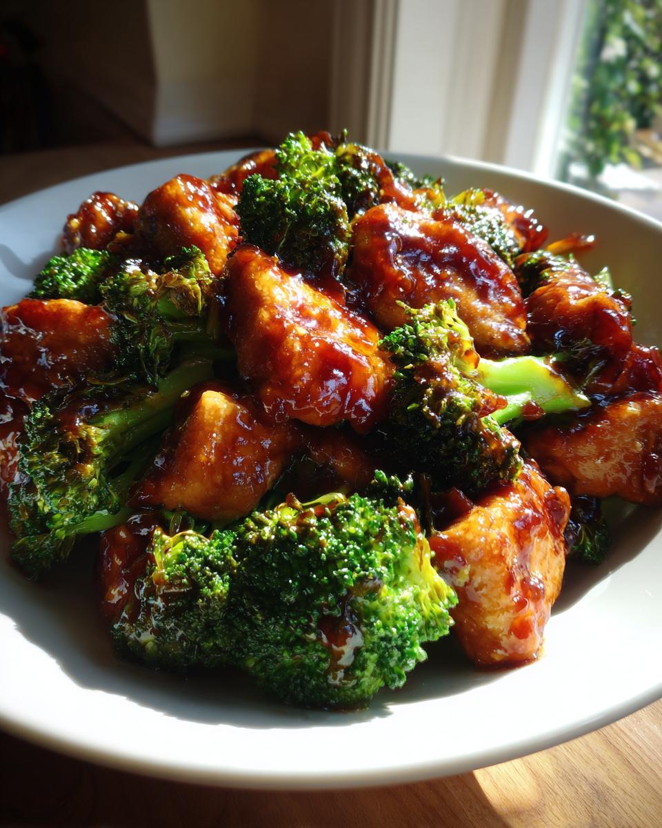 Close-up of glazed chicken and broccoli served in a white bowl, highlighting the glossy sauce.