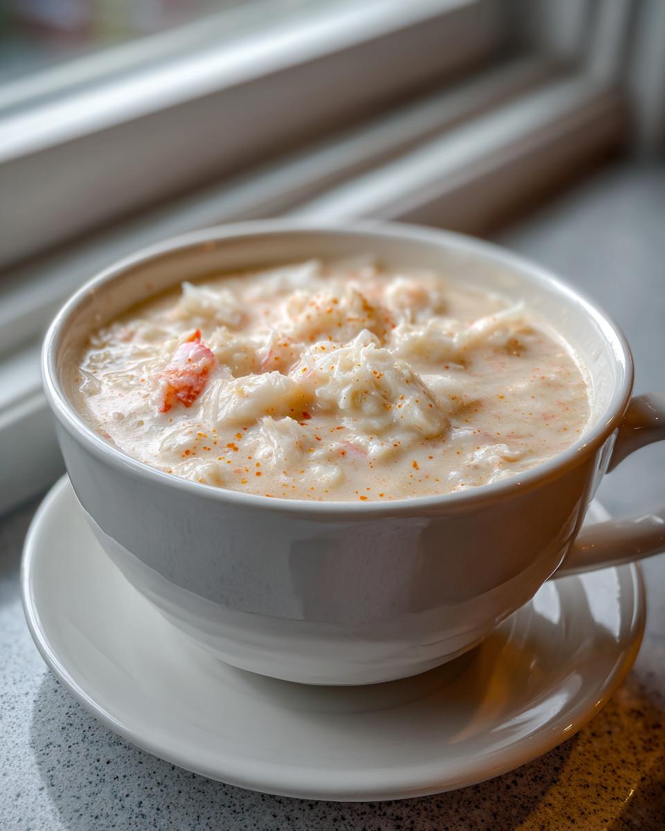 Close-up of a creamy bowl of amazing one-pot crab soup topped with shredded crab meat and paprika.
