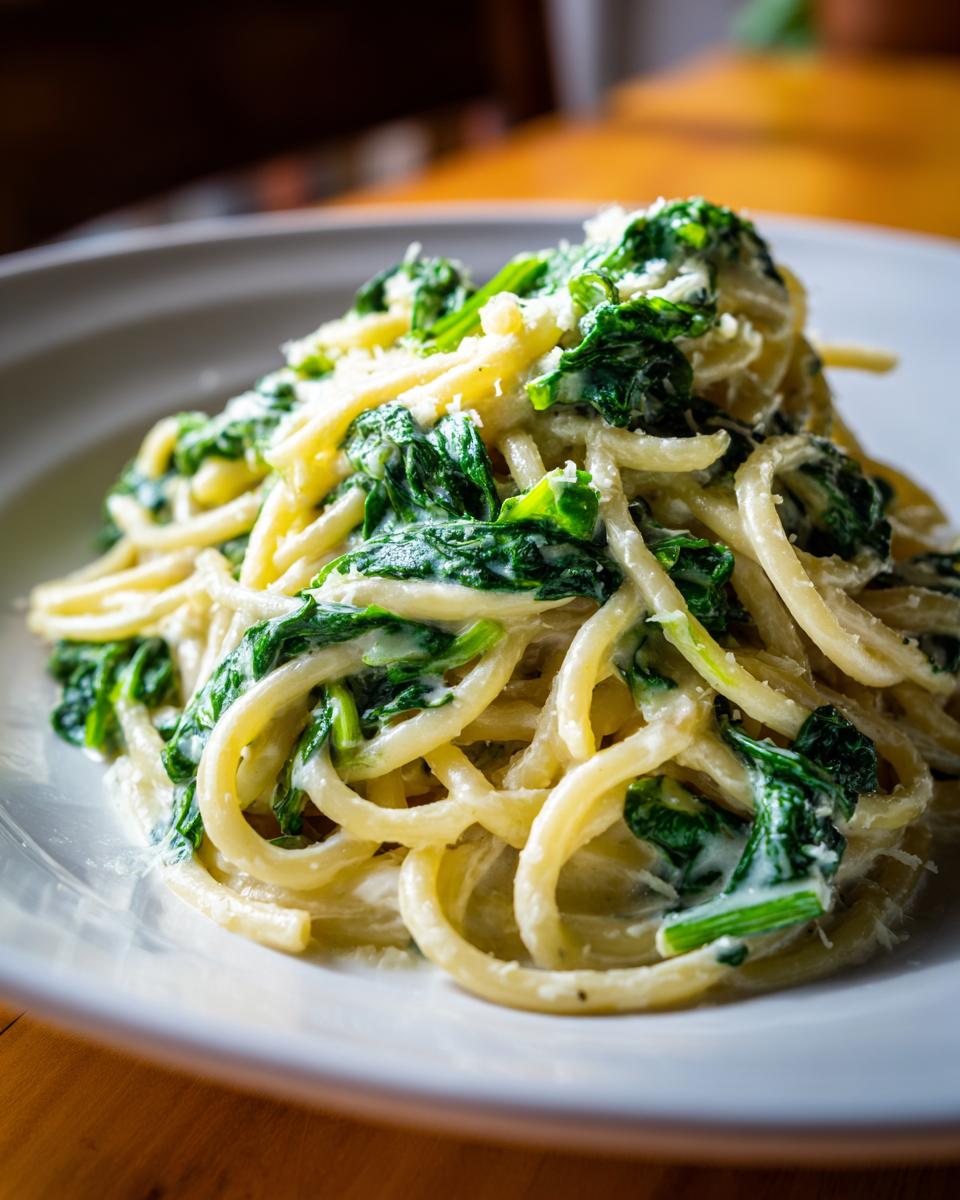 A close-up of creamy spinach pasta tossed with wilted spinach and topped with grated cheese.