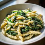 Close-up of creamy spinach pasta featuring cavatelli-style noodles tossed with wilted spinach in a white bowl.