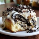 A close-up of a single serving of oreo cinnamon rolls, dripping with white glaze and topped with crushed chocolate cookies.