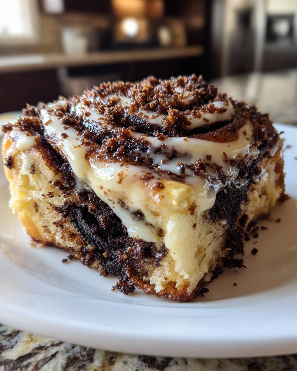 A close-up of one decadent oreo cinnamon rolls slice, drizzled with white icing and topped with dark crumbs.
