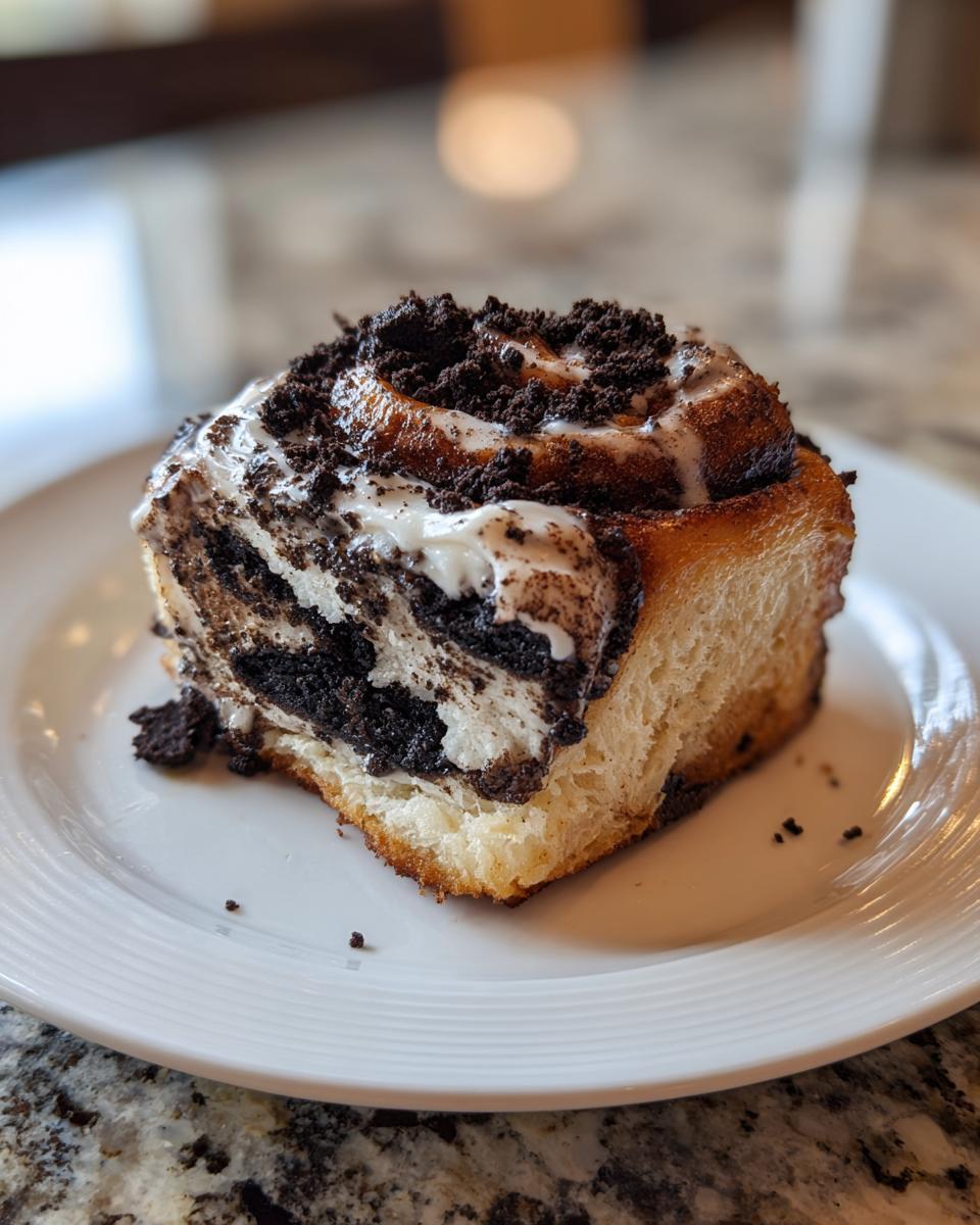 A single, decadent oreo cinnamon rolls slice topped with white icing and crushed chocolate cookies.