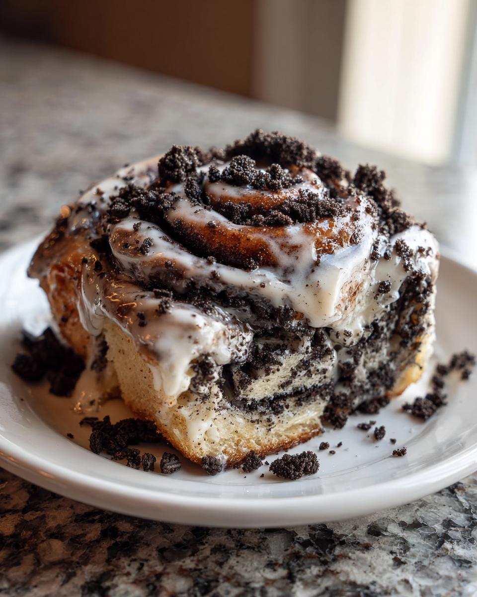 A single, decadent Oreo cinnamon rolls slice covered in white icing and crushed chocolate cookie pieces.
