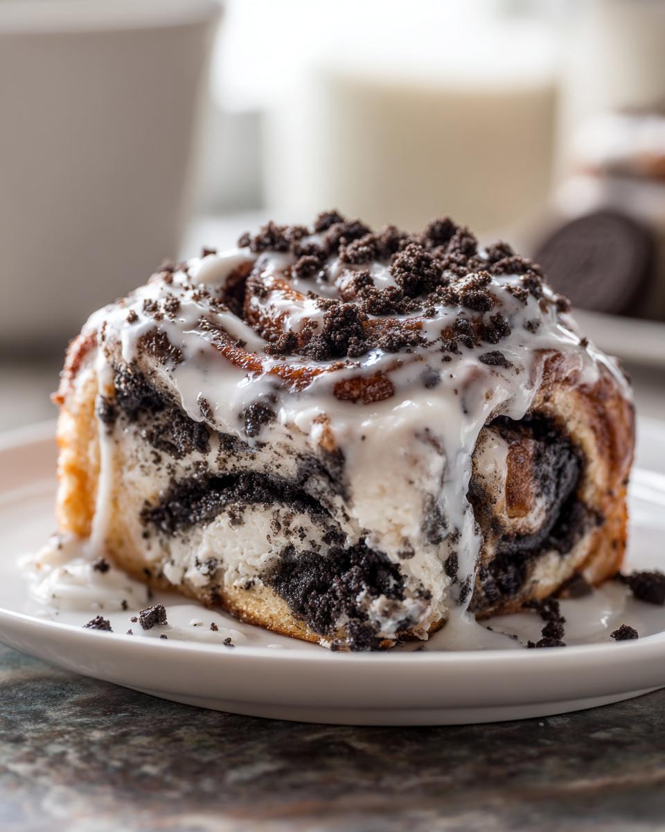 A close-up of a rich oreo cinnamon rolls slice covered in white glaze and crushed cookie pieces.