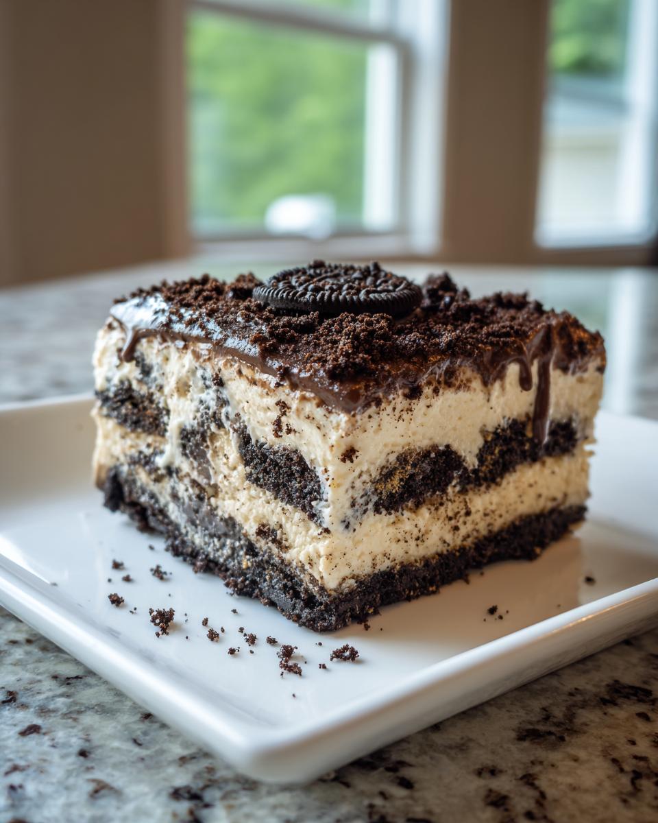 A decadent slice of Oreo dirt cake showing layers of cream and crushed cookies, topped with chocolate glaze and a whole Oreo.