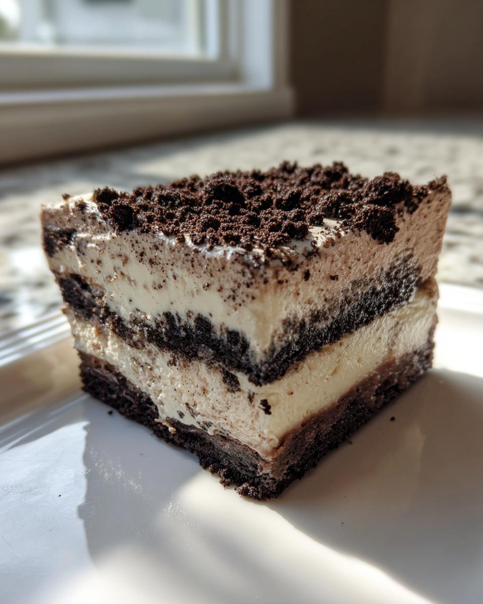 Close-up of a perfect square slice of Oreo dirt cake showing distinct layers of cream and crushed cookies.