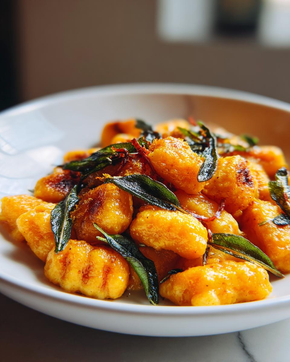 Close-up of pan-seared sweet potato gnocchi topped with crispy fried sage leaves.