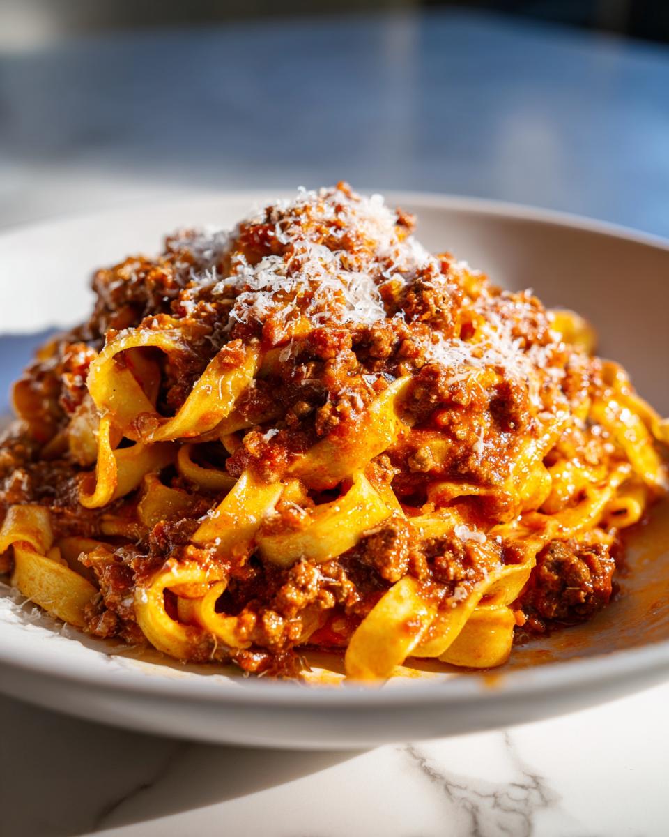 Close-up of wide egg noodles coated in thick bolognese sauce, topped with grated Parmesan cheese.