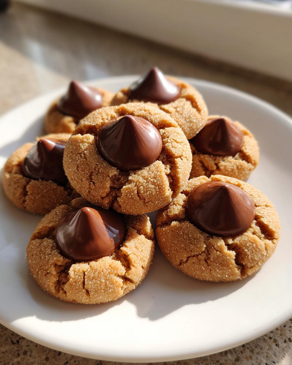 A close-up of several golden brown peanut butter blossoms cookies topped with melted chocolate kisses.