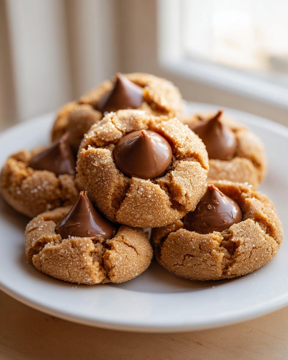A stack of freshly baked peanut butter blossoms cookies, each topped with a melted chocolate kiss.