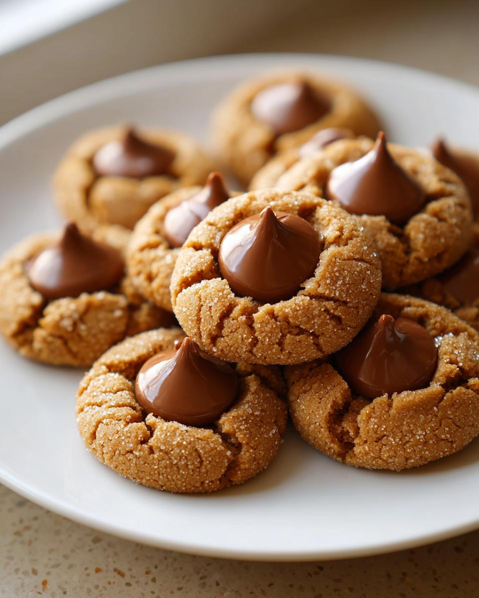 A pile of freshly baked peanut butter blossoms cookies, coated in sugar and topped with a chocolate kiss.