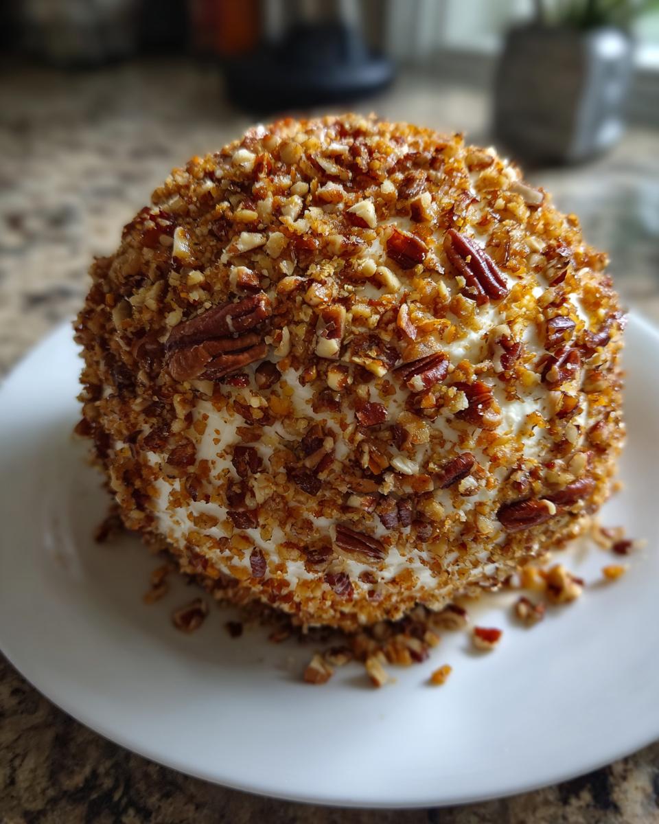 A perfectly formed, round cheese ball recipe coated entirely in chopped pecans, resting on a white plate.