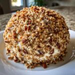 A perfectly formed cheese ball recipe coated entirely in chopped pecans, resting on a white plate.