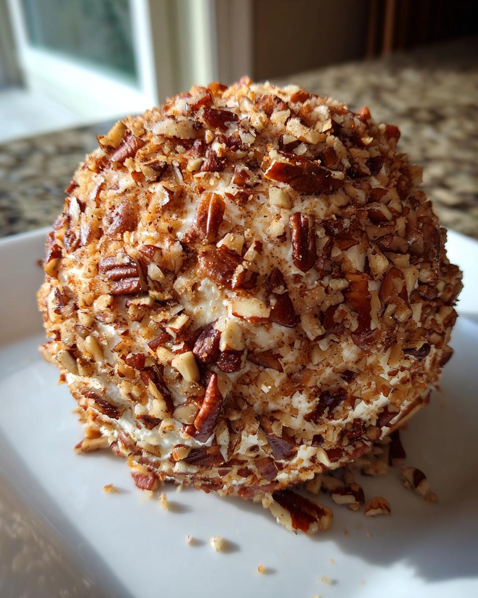 A perfectly shaped cheese ball recipe coated entirely in chopped pecans, resting on a white plate.