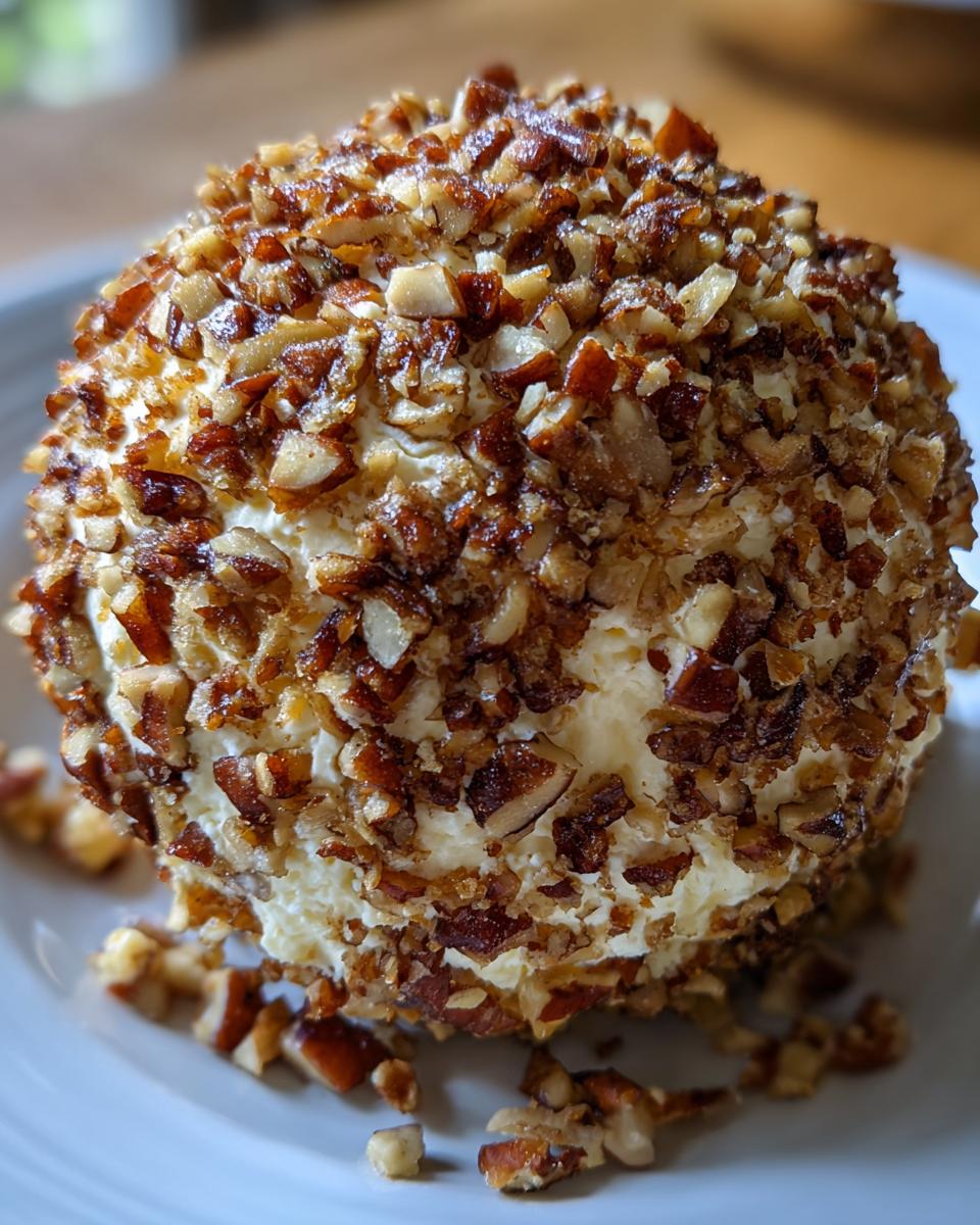 A close-up of a perfectly formed cheese ball recipe coated entirely in chopped, toasted pecans.
