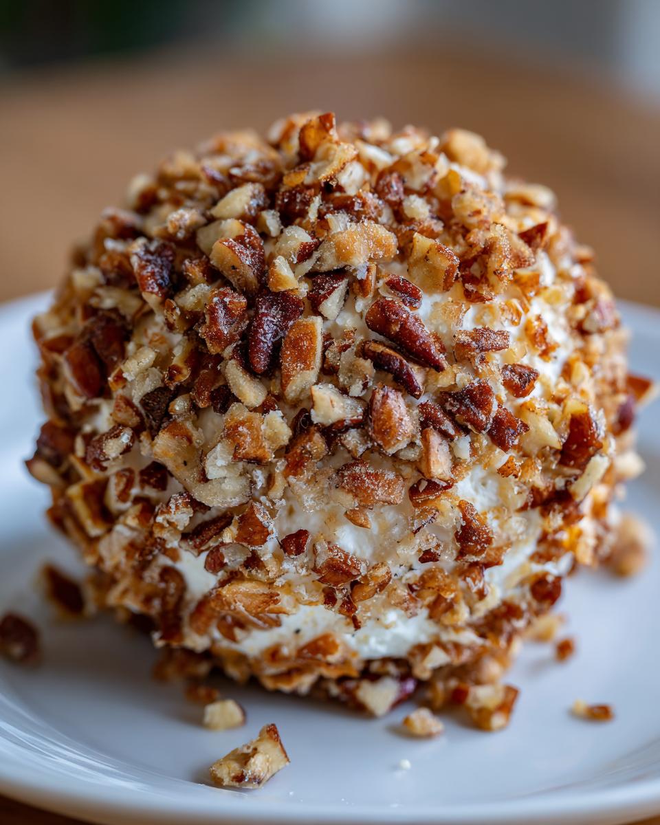 Close-up of a creamy cheese ball recipe coated entirely in chopped toasted pecans on a white plate.