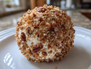 A perfectly formed cheese ball recipe coated entirely in chopped pecans and served on a white plate.