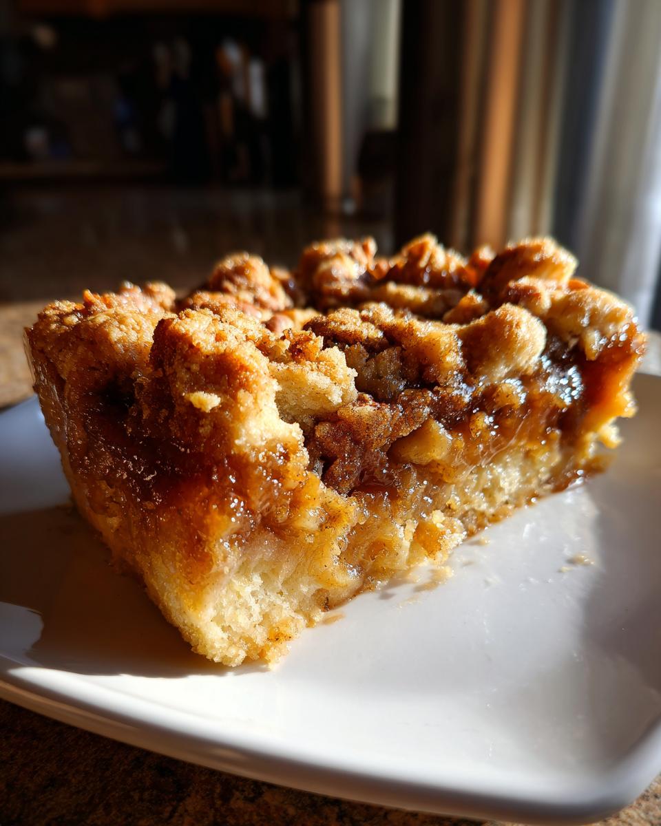 A close-up, sunlit slice of pecan pie cobbler recipe showing a gooey filling and crumbly topping on a white plate.